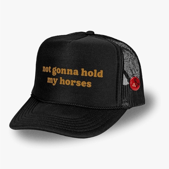 Not Gonna Hold My Horses Black Trucker Hat with Gold Text and Red Hat Pin - Picture 16 of 16